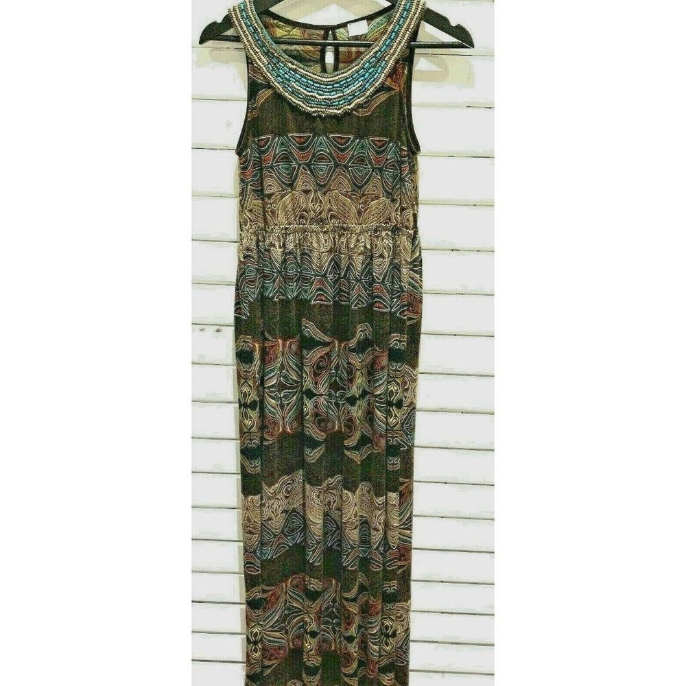 Suzy 3d embellished beaded boho maxi  tribal long dress brown Size Medium